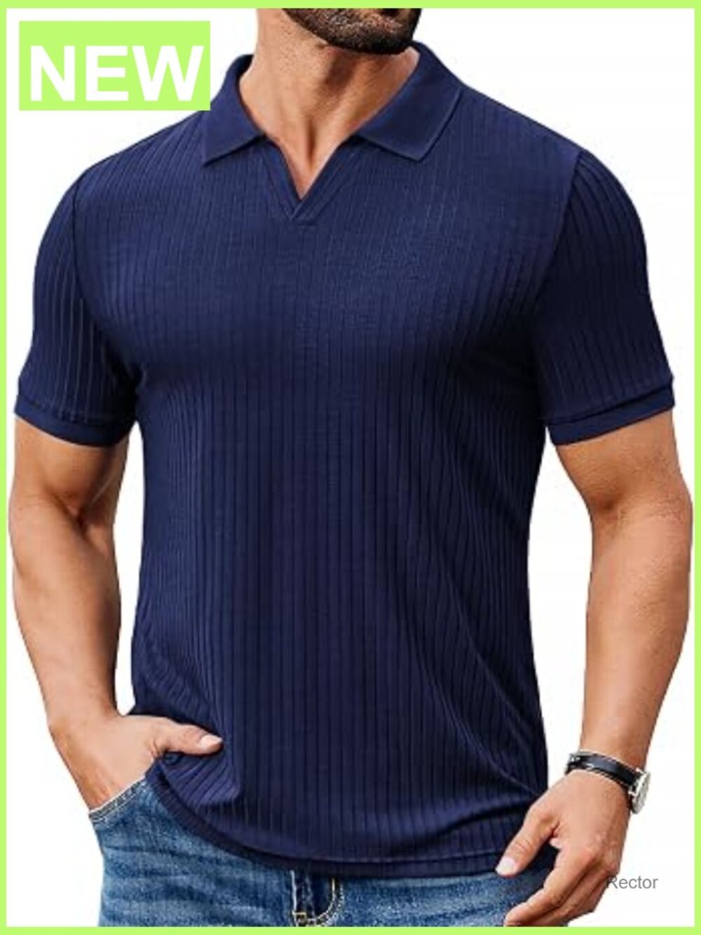 Men's Slim Fit Ribbed V-Neck Polo Shirt Short Sleeve Stretch Golf Tee